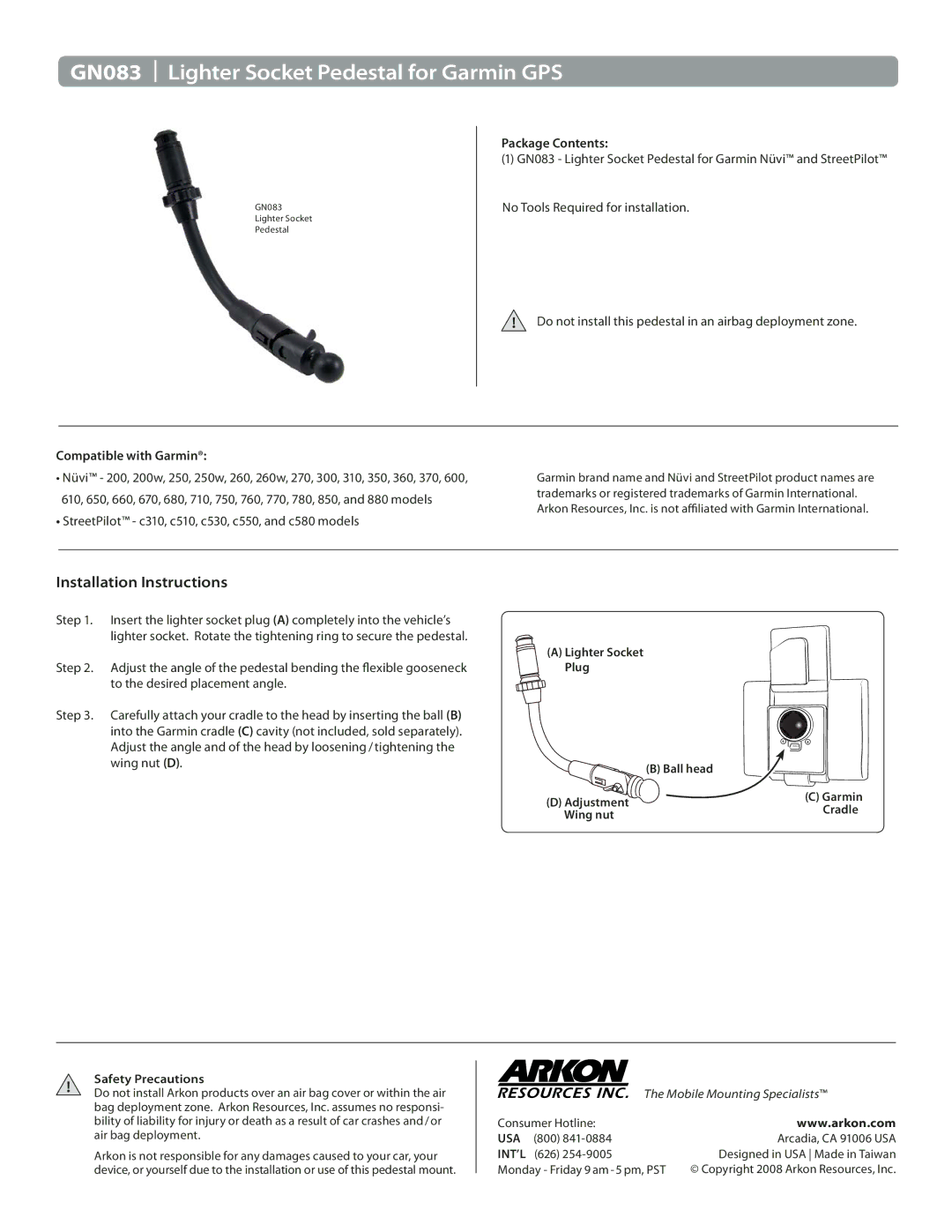 Avaya installation instructions GN083 Lighter Socket Pedestal for Garmin GPS, Installation Instructions, Usa, Int’L 