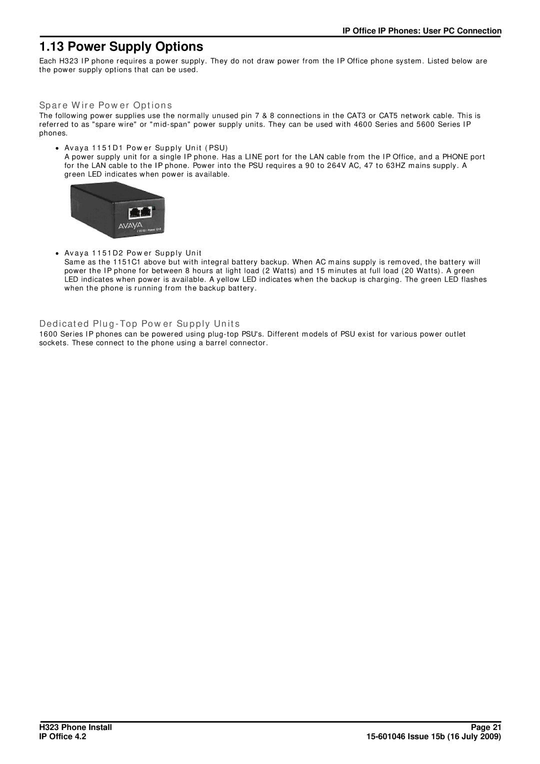 Avaya H323 manual Power Supply Options, Spare Wire Power Options, Dedicated Plug-Top Power Supply Units 