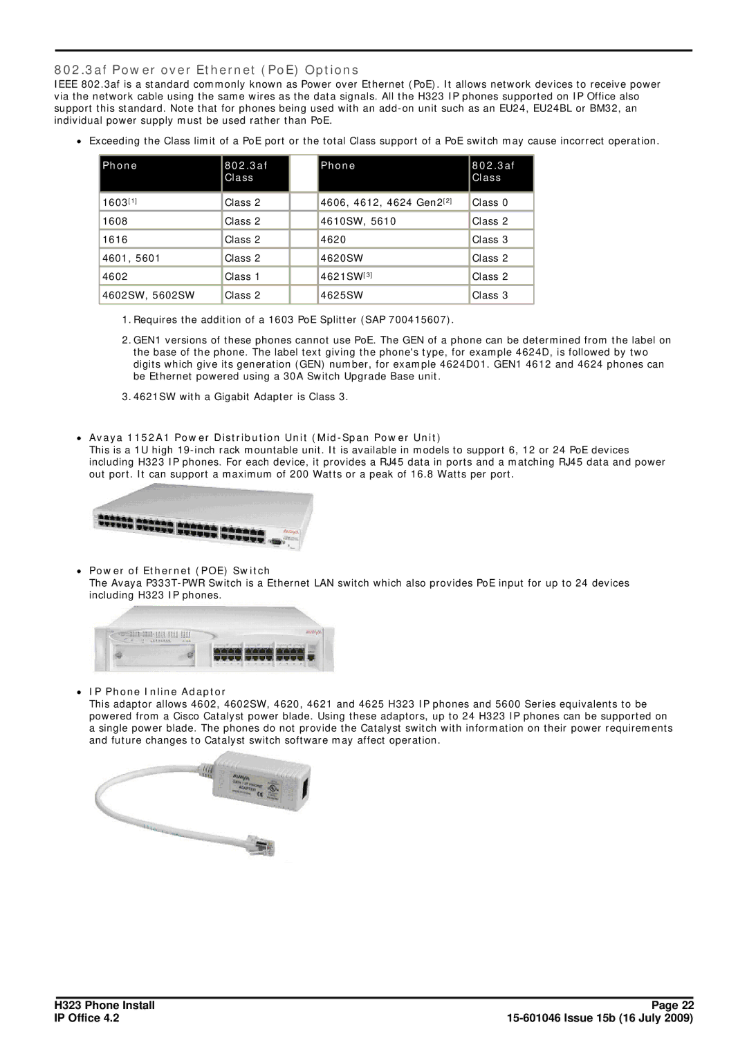 Avaya H323 manual 802.3af Power over Ethernet PoE Options, Phone 802.3af Class, ∙ Power of Ethernet POE Switch 