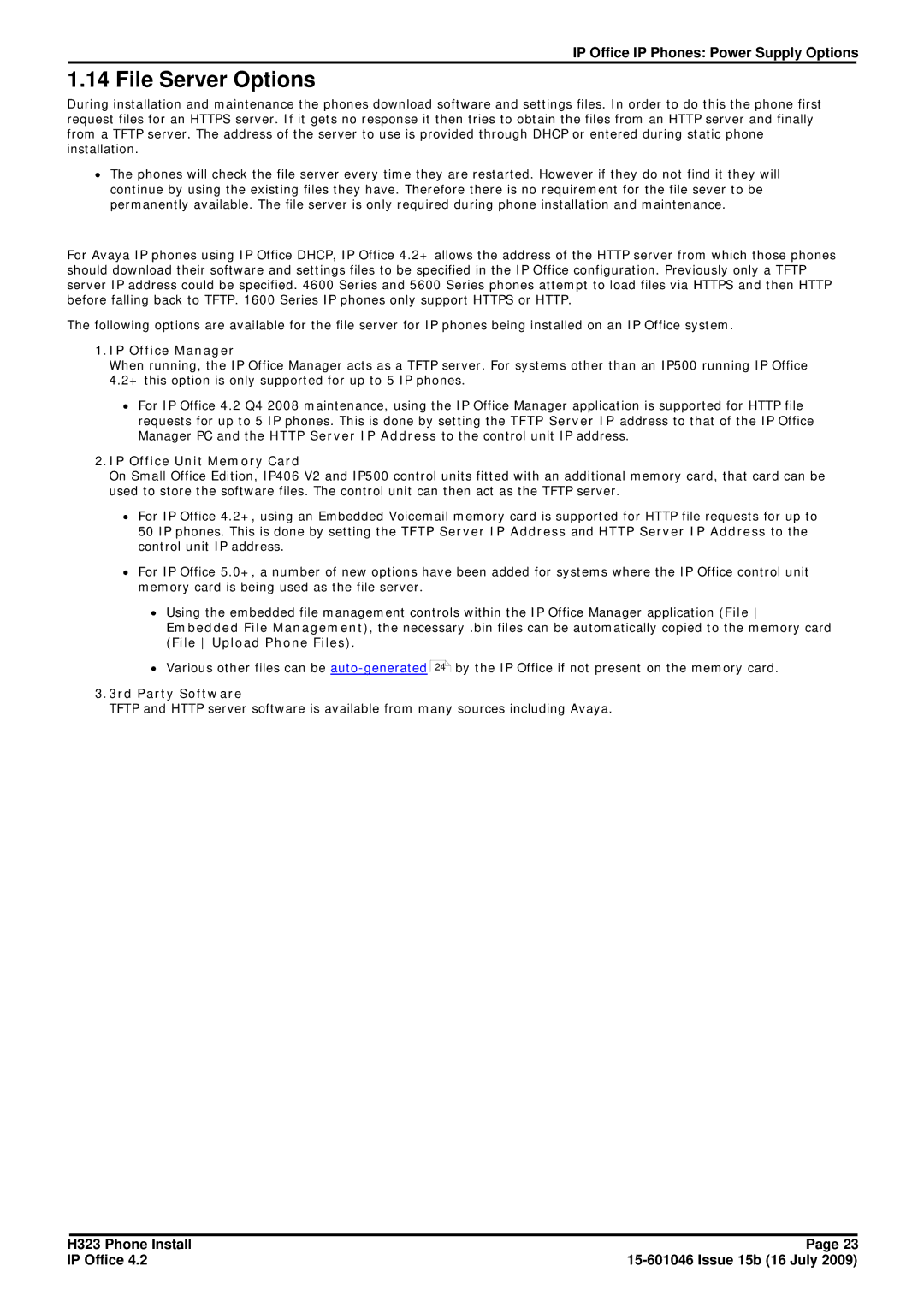 Avaya H323 manual File Server Options, IP Office Manager, IP Office Unit Memory Card, 3rd Party Software 