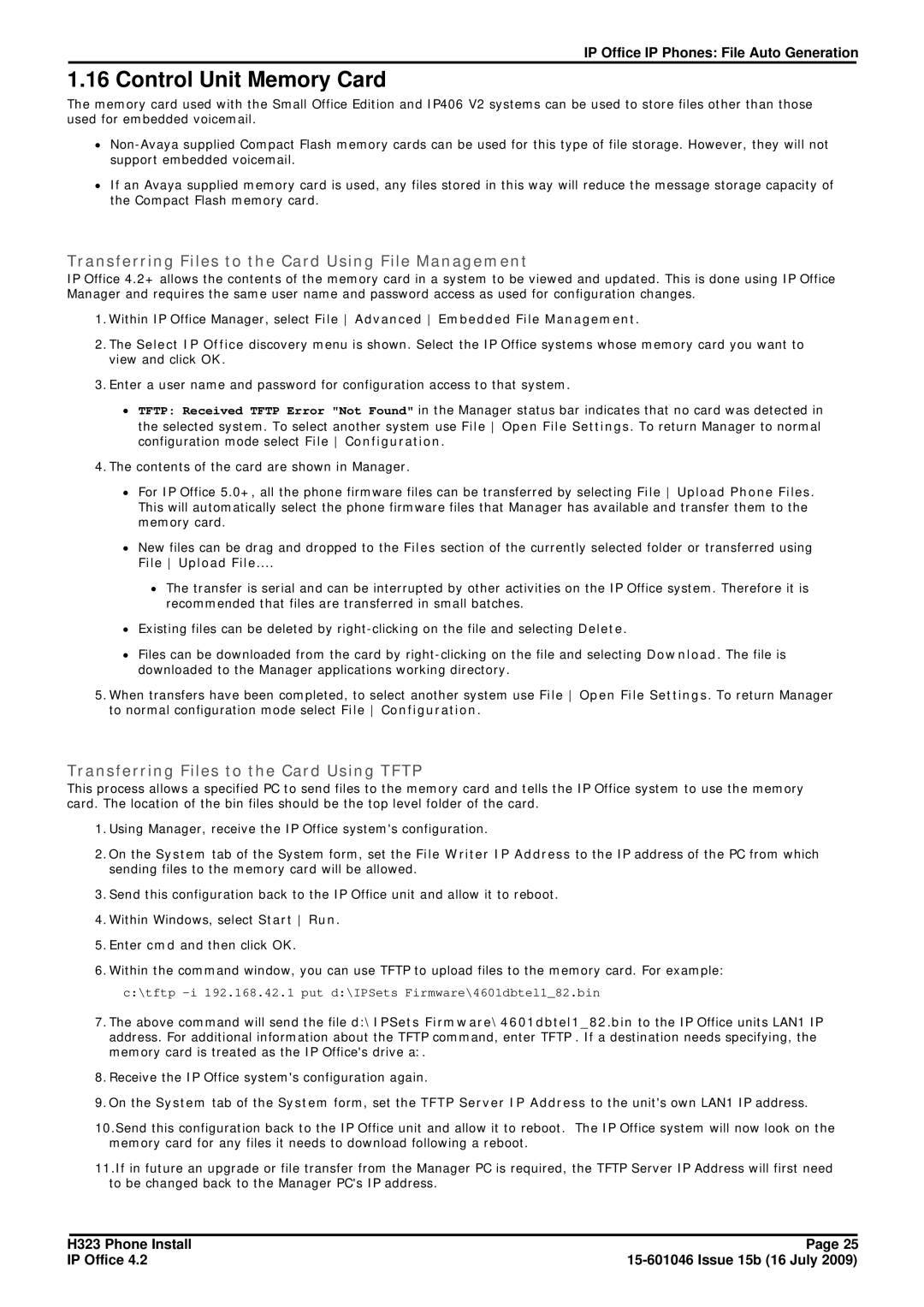 Avaya H323 manual Control Unit Memory Card, Transferring Files to the Card Using File Management 