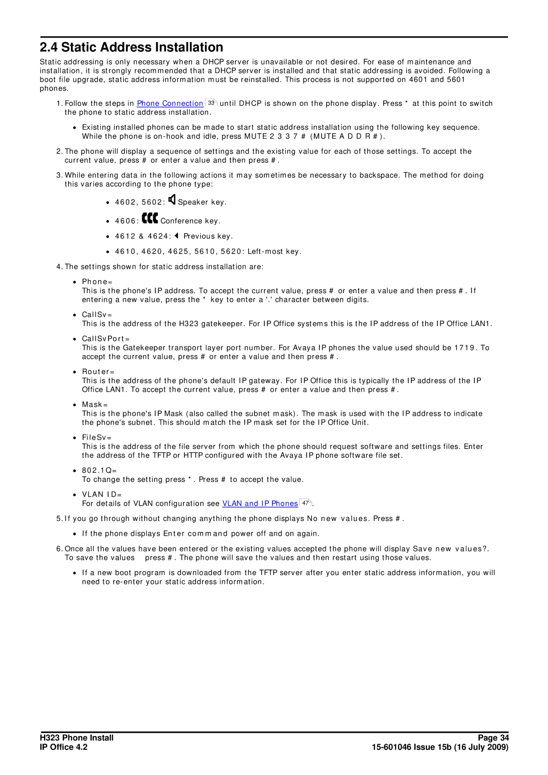 Avaya H323 manual Static Address Installation 