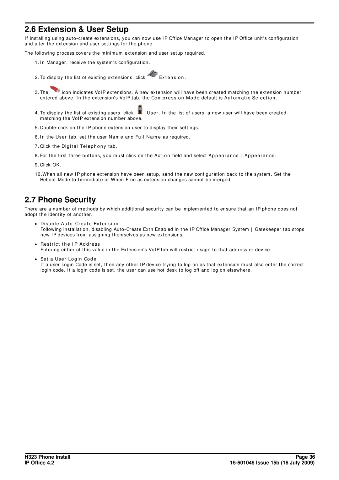 Avaya H323 manual Extension & User Setup, Phone Security 