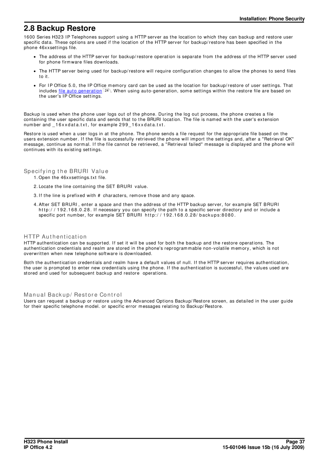 Avaya H323 manual Backup Restore, Specifying the Bruri Value, Http Authentication, Manual Backup/Restore Control 