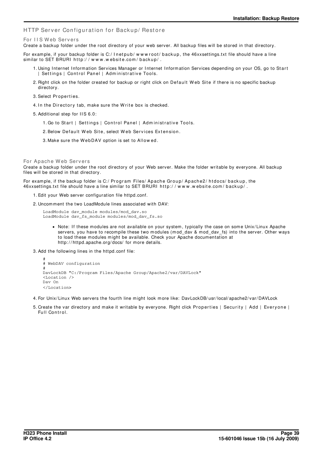 Avaya H323 manual Http Server Configuration for Backup/Restore, Select Properties 