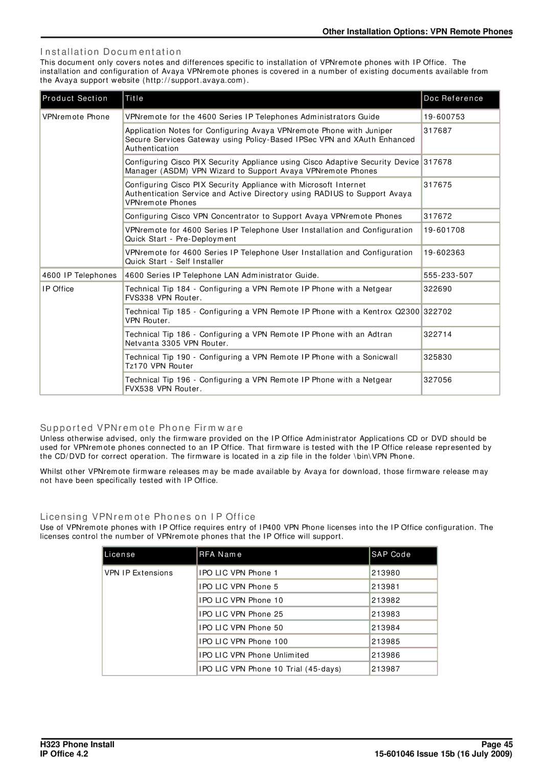 Avaya H323 manual Installation Documentation, Supported VPNremote Phone Firmware, Licensing VPNremote Phones on IP Office 