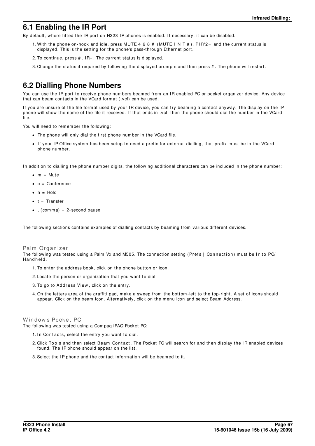 Avaya H323 manual Enabling the IR Port, Dialling Phone Numbers, Palm Organizer, Windows Pocket PC 