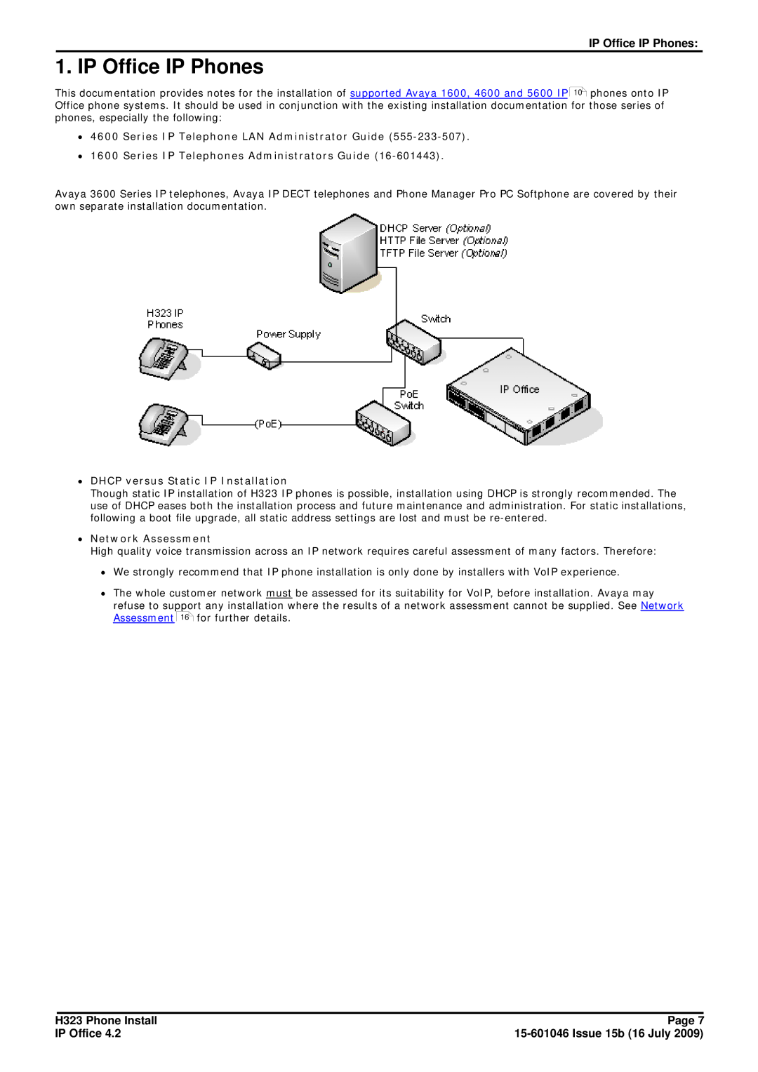 Avaya H323 manual IP Office IP Phones, ∙ Dhcp versus Static IP Installation, ∙ Network Assessment 