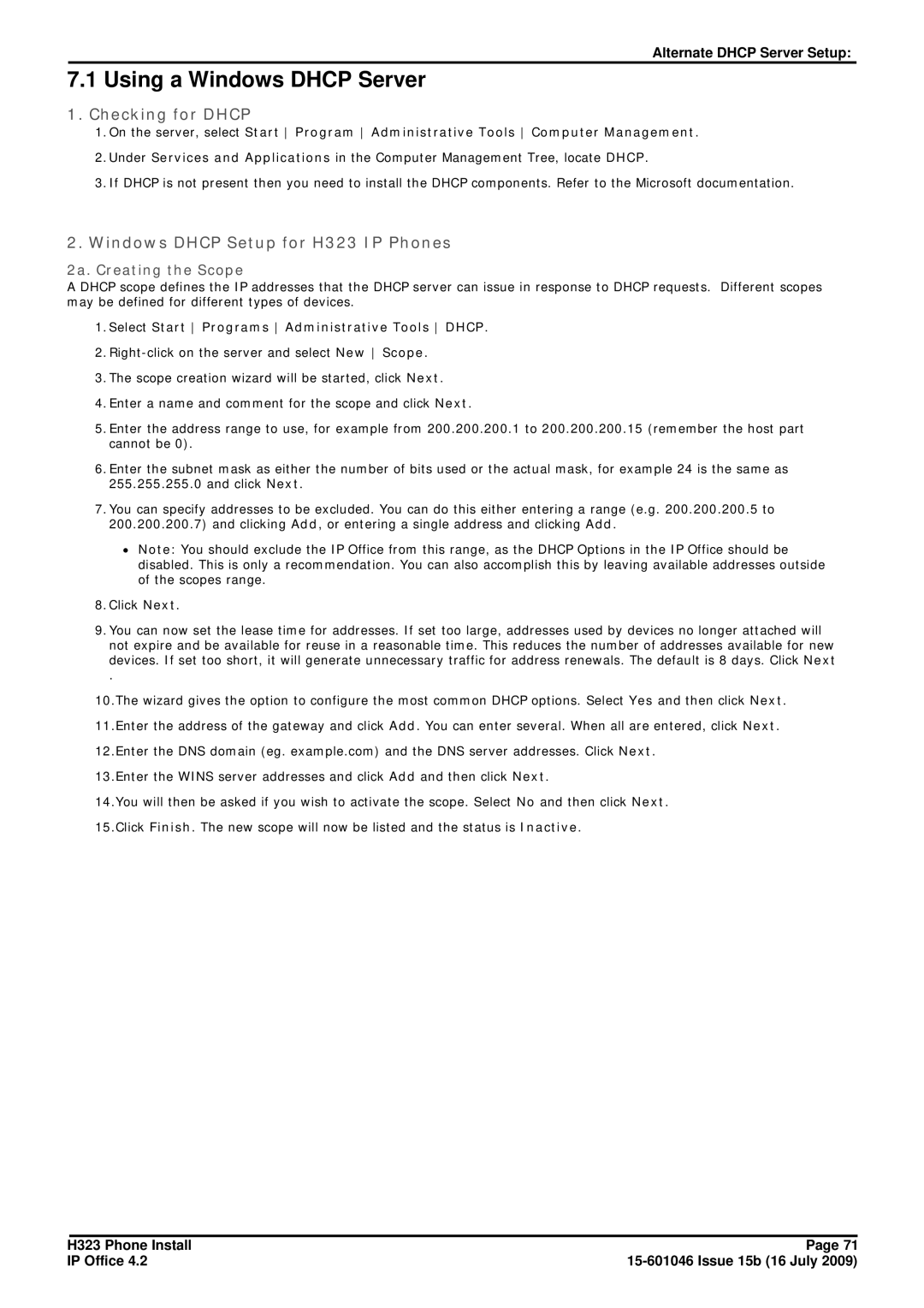 Avaya manual Using a Windows Dhcp Server, Checking for Dhcp, Windows Dhcp Setup for H323 IP Phones 