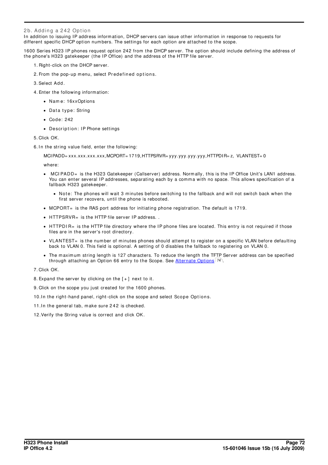 Avaya H323 manual 2b. Adding a 242 Option, ∙ Data type String ∙ Code 