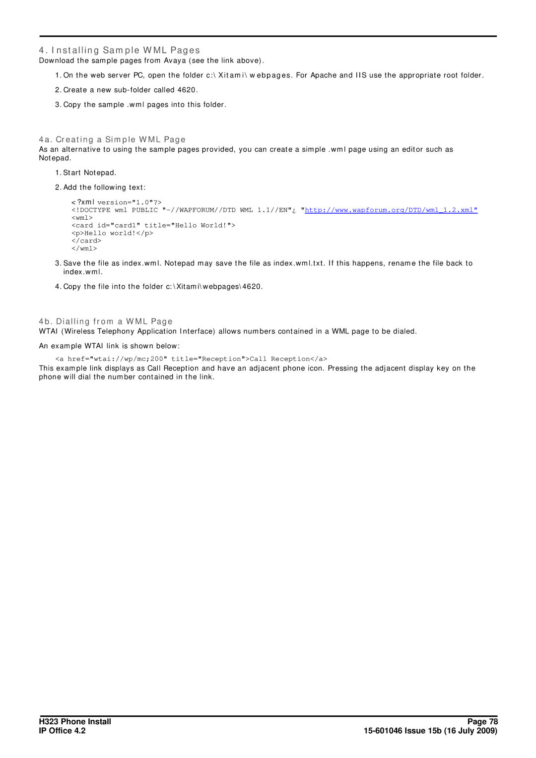 Avaya H323 manual Installing Sample WML Pages, 4a. Creating a Simple WML 