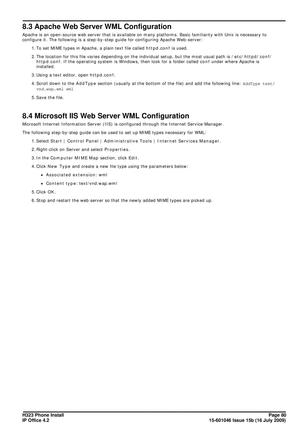 Avaya H323 Apache Web Server WML Configuration, Microsoft IIS Web Server WML Configuration, ∙ Associated extension wml 