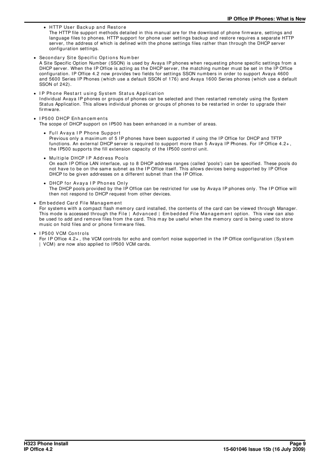 Avaya H323 manual ∙ Http User Backup and Restore, ∙ Secondary Site Specific Options Number, ∙ IP500 Dhcp Enhancements 