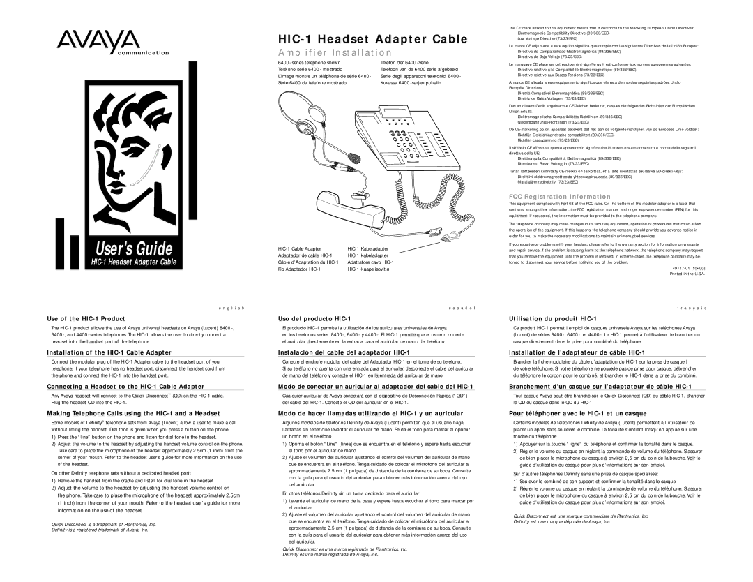 Avaya warranty Use of the HIC-1 Product, Installation of the HIC-1 Cable Adapter, Uso del producto HIC-1 