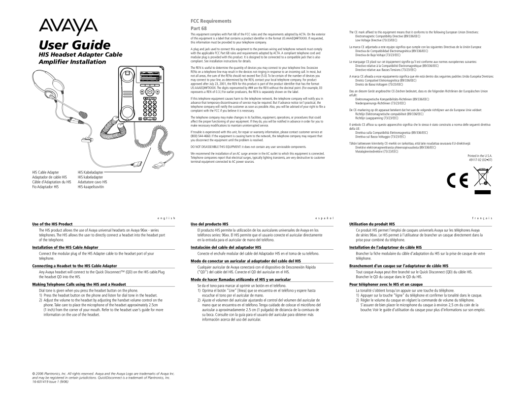 Avaya installation instructions FCC Requirements Part, User Guide, HIS Headset Adapter Cable Amplifier Installation 