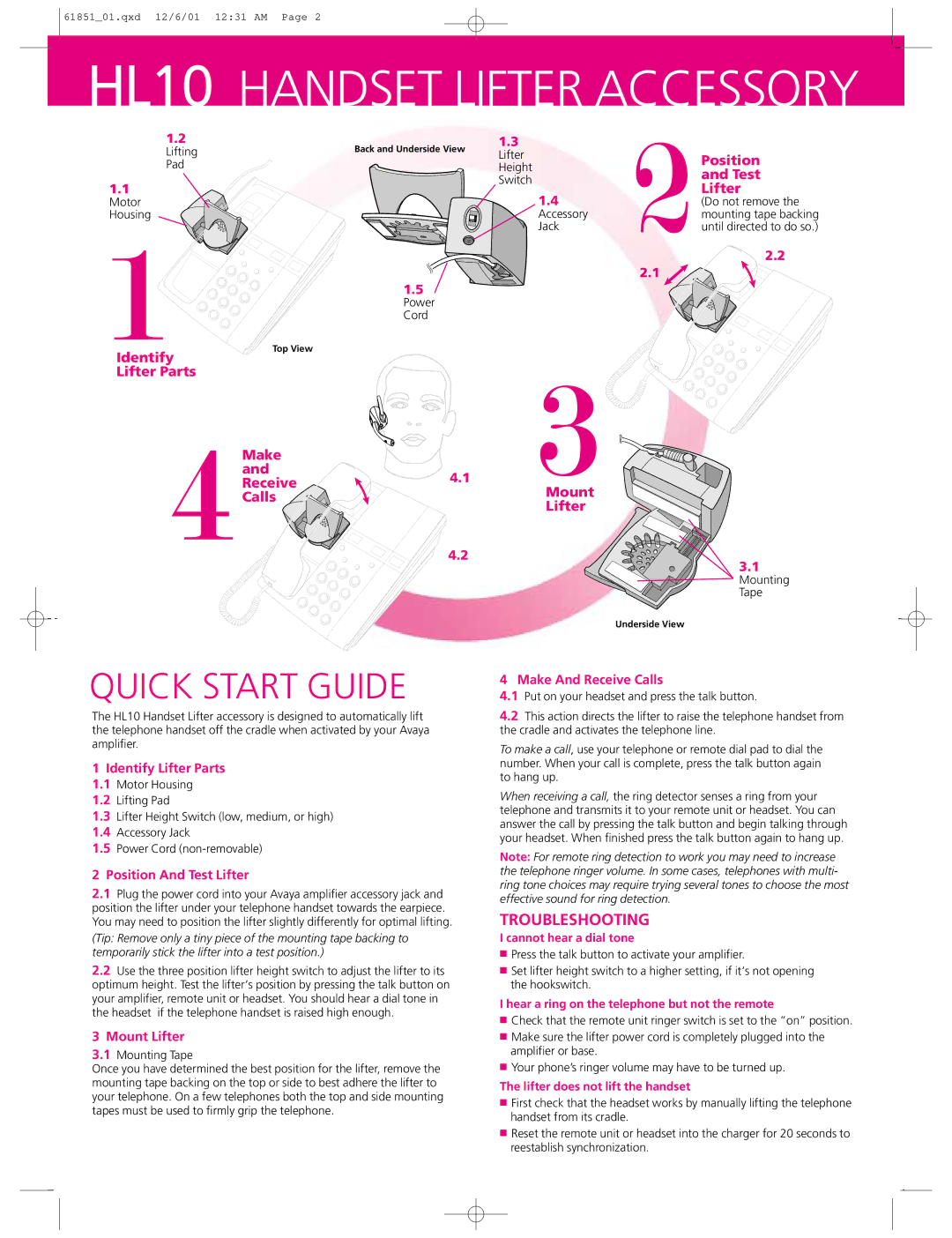 Avaya HL10 quick start Position And Test Lifter, Mount Lifter, Make And Receive Calls 