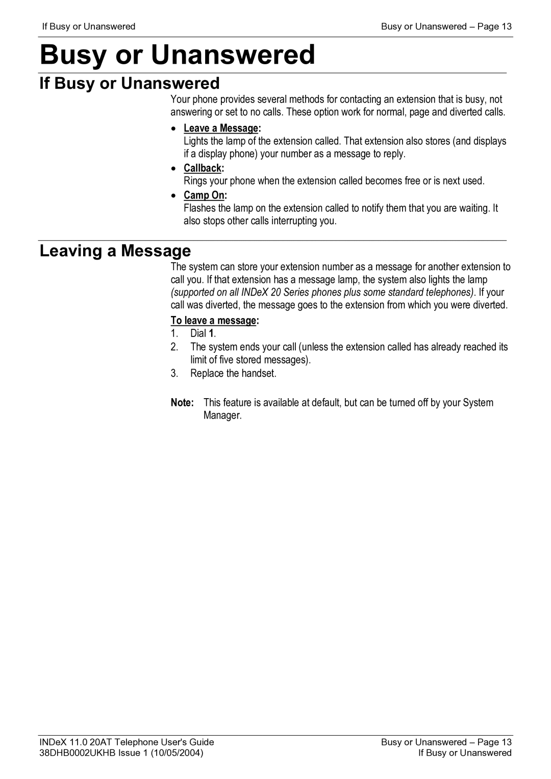Avaya INDeX 11.0 manual If Busy or Unanswered, Leaving a Message 