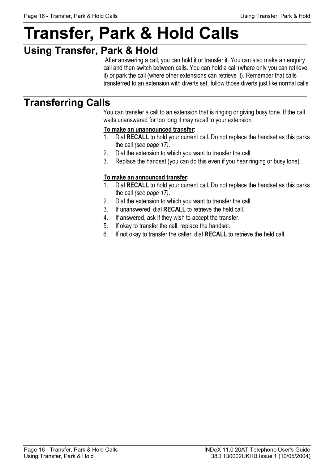 Avaya INDeX 11.0 manual Transfer, Park & Hold Calls, Using Transfer, Park & Hold, Transferring Calls 