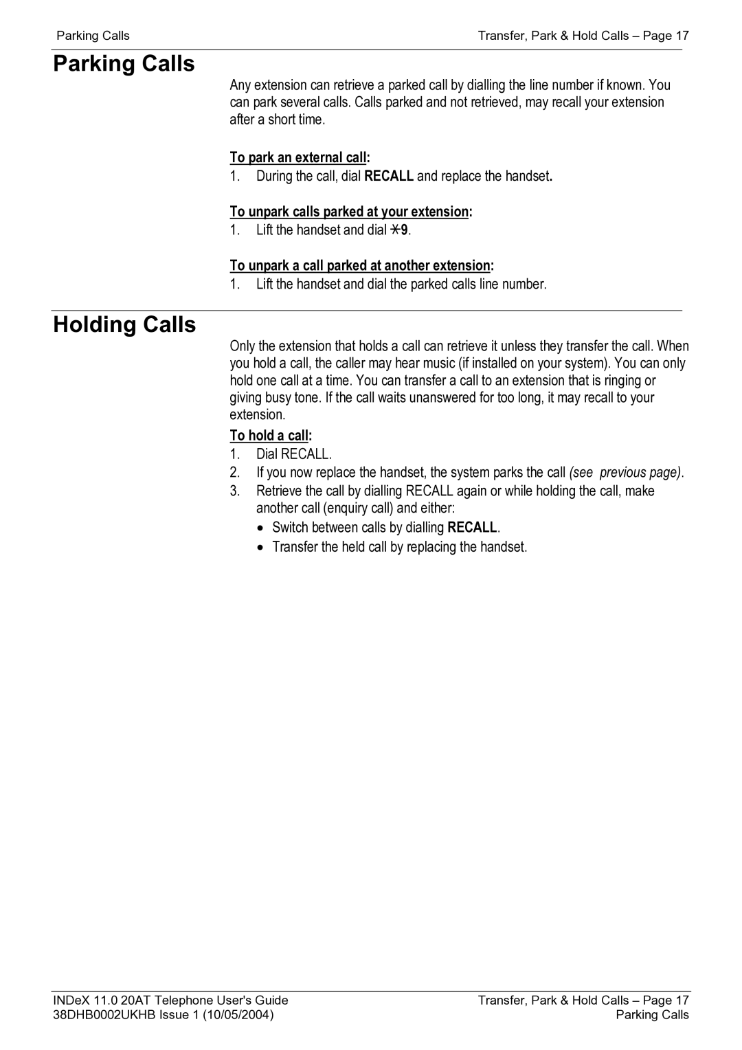 Avaya INDeX 11.0 manual Parking Calls, Holding Calls 