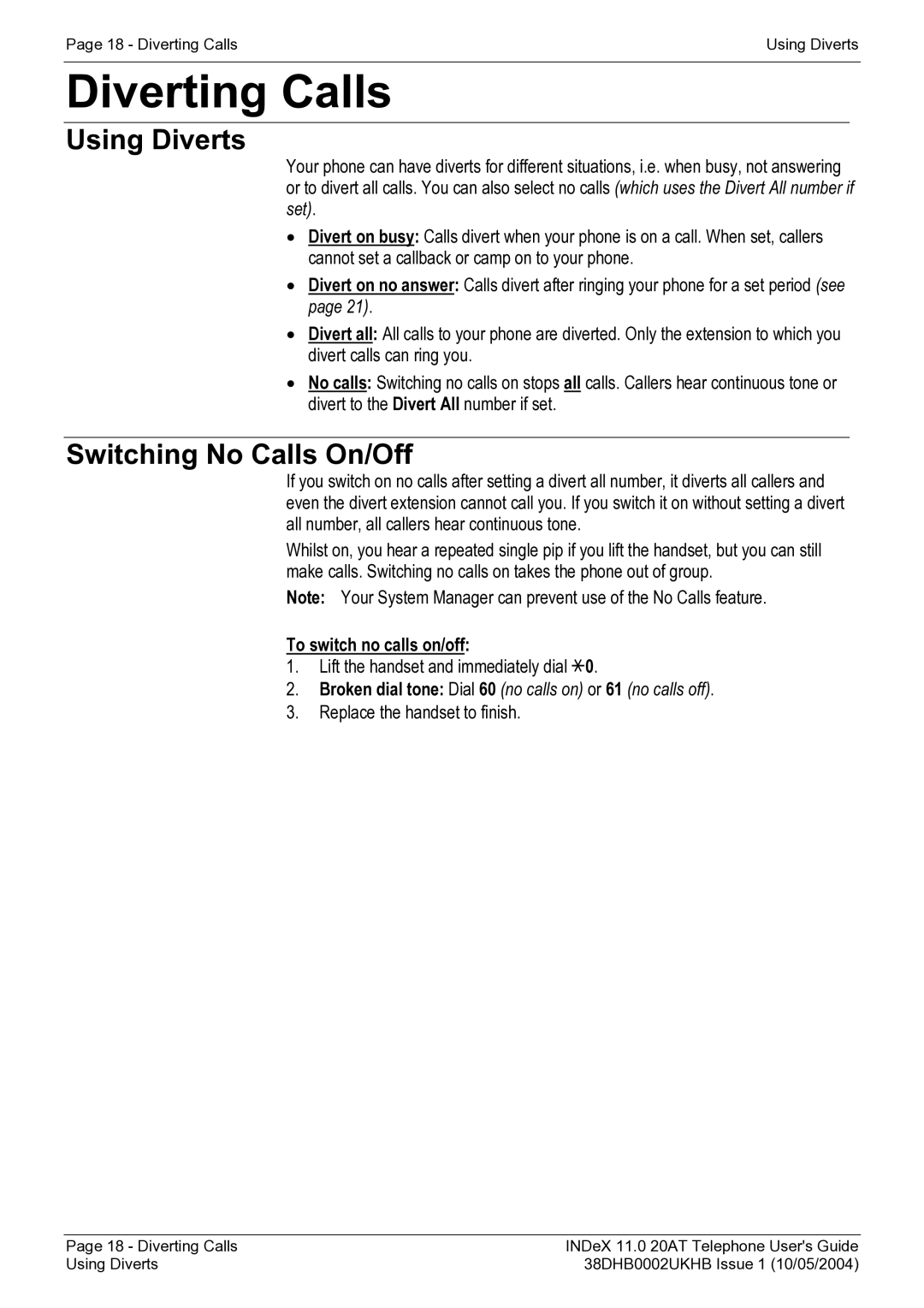 Avaya INDeX 11.0 manual Diverting Calls, Using Diverts, Switching No Calls On/Off, To switch no calls on/off 