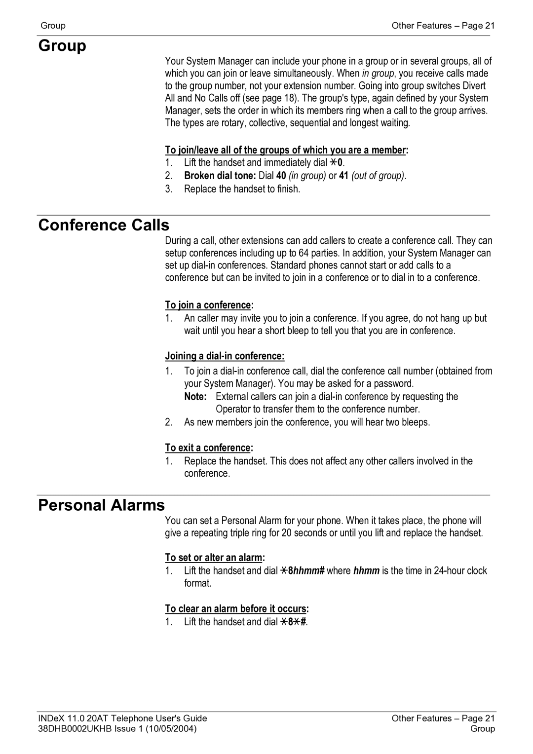 Avaya INDeX 11.0 manual Group, Conference Calls, Personal Alarms 