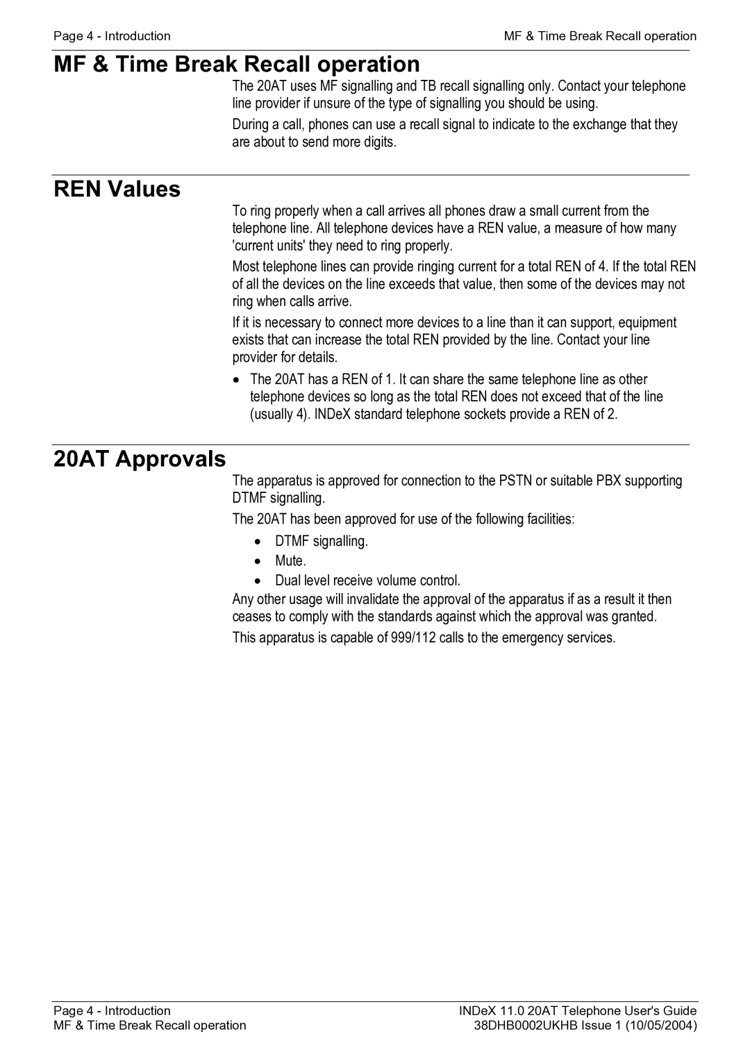 Avaya INDeX 11.0 manual MF & Time Break Recall operation, REN Values, 20AT Approvals 