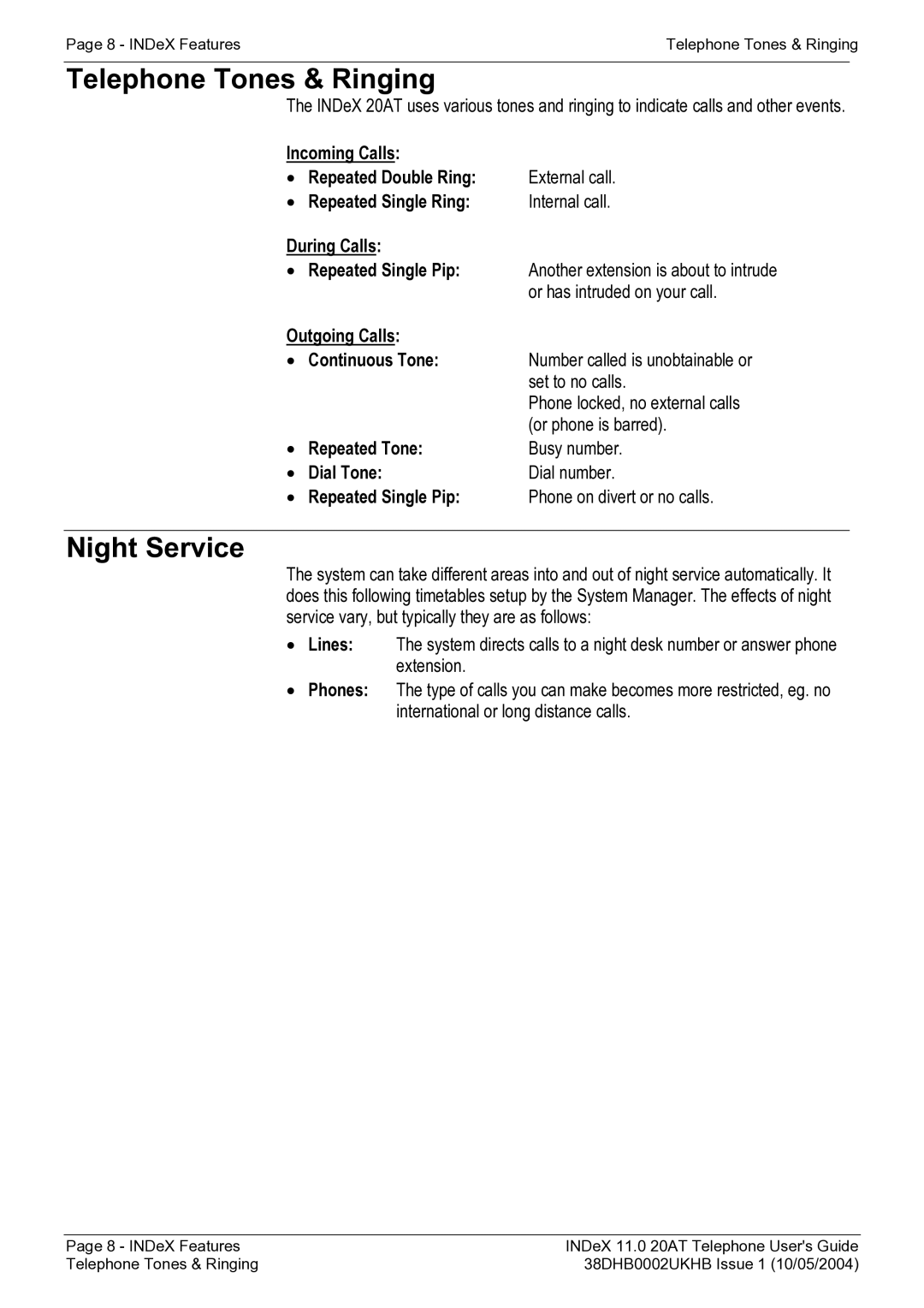 Avaya INDeX 11.0 manual Telephone Tones & Ringing, Night Service 