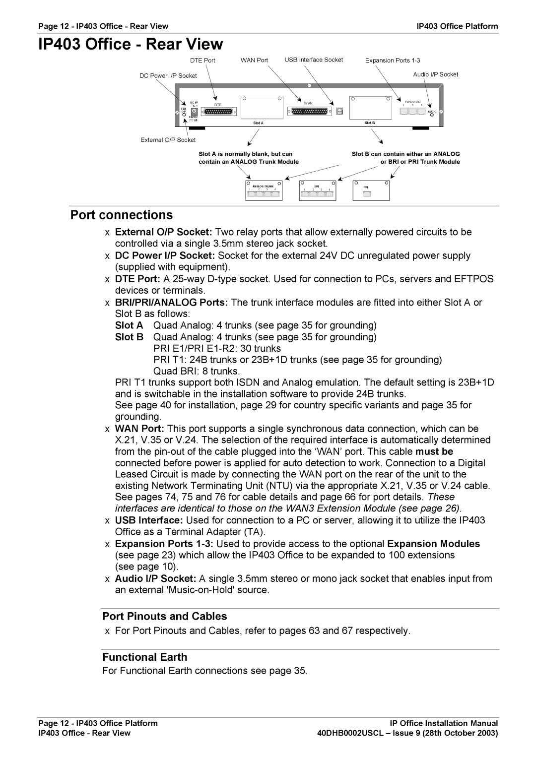 Avaya IP Office Phone installation manual IP403 Office Rear View, For Functional Earth connections see 