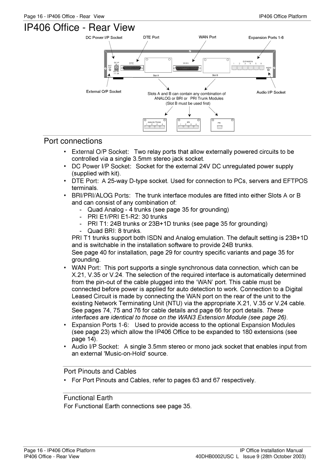 Avaya IP Office Phone installation manual IP406 Office Rear View, External O/P Socket 