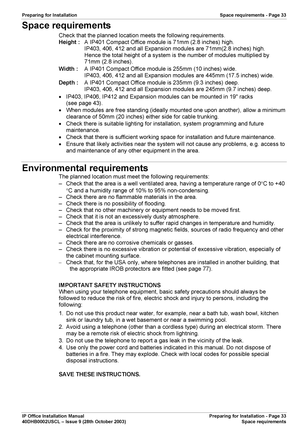 Avaya IP Office Phone installation manual Space requirements, Environmental requirements 