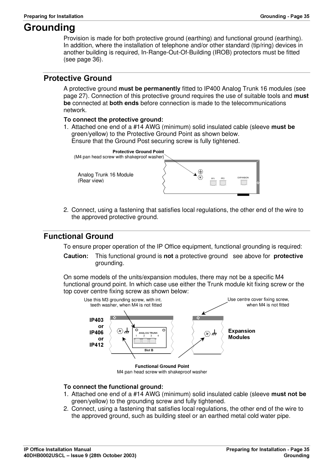 Avaya IP Office Phone installation manual Grounding, Protective Ground, Functional Ground, To connect the protective ground 