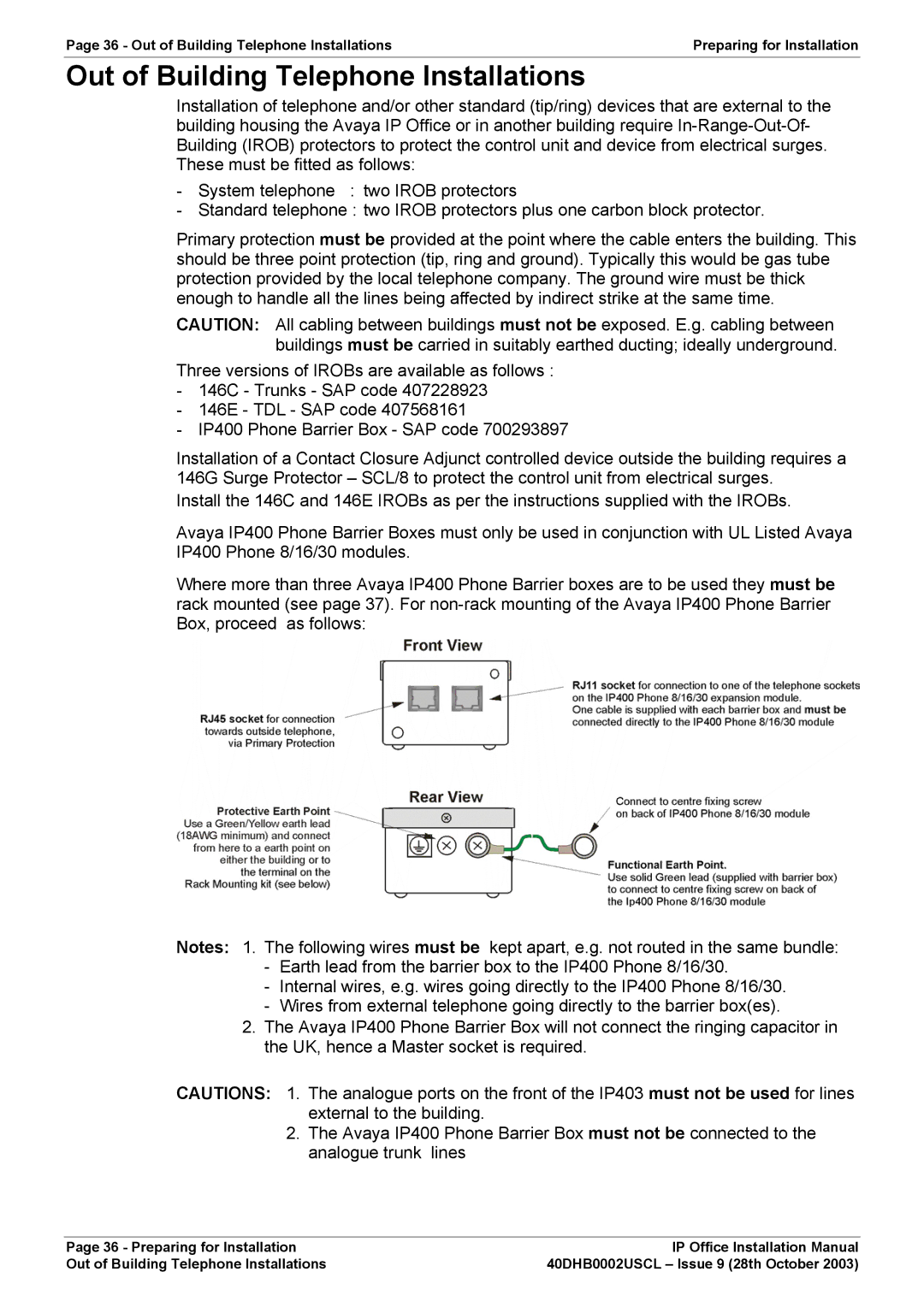 Avaya IP Office Phone installation manual Out of Building Telephone Installations 