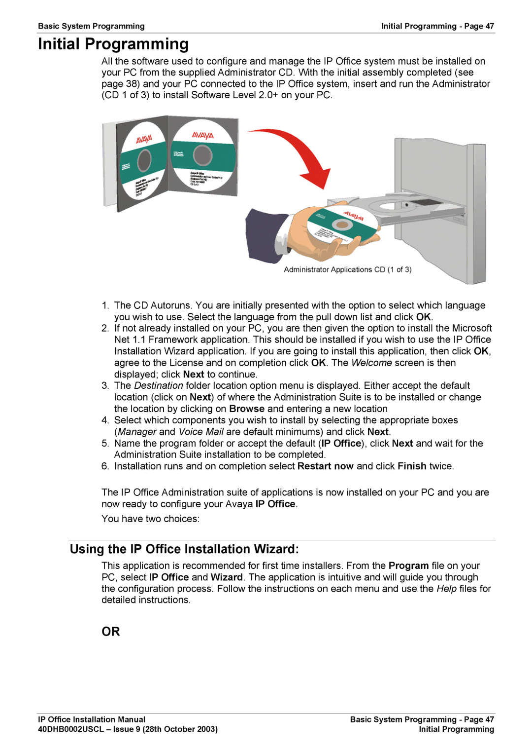 Avaya IP Office Phone installation manual Initial Programming, Using the IP Office Installation Wizard 