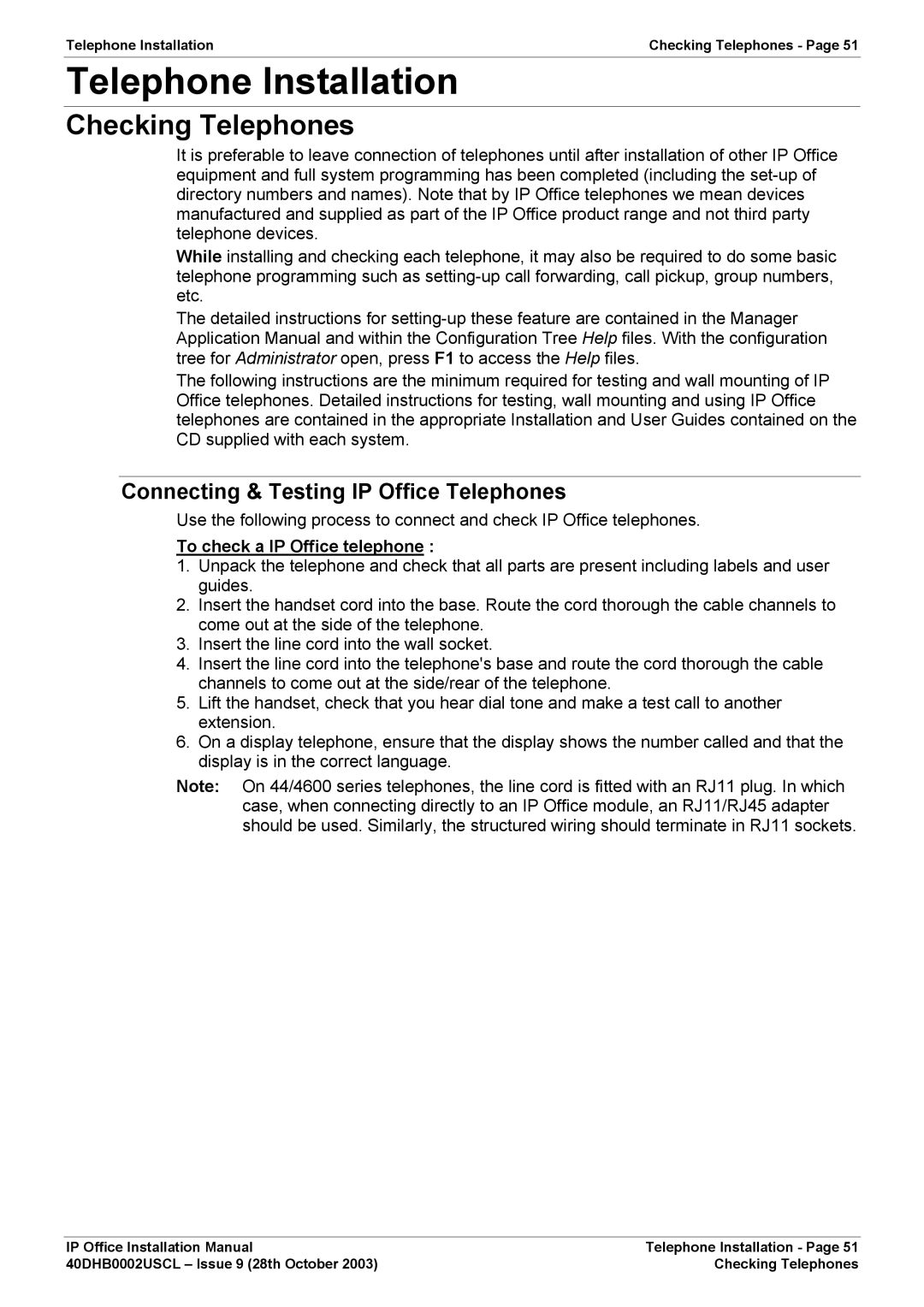 Avaya IP Office Phone Telephone Installation, Checking Telephones, Connecting & Testing IP Office Telephones 