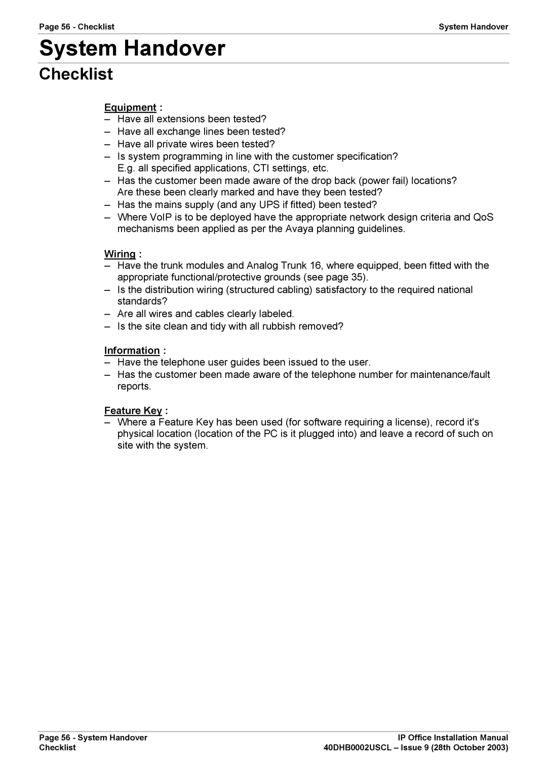 Avaya IP Office Phone installation manual System Handover, Checklist 