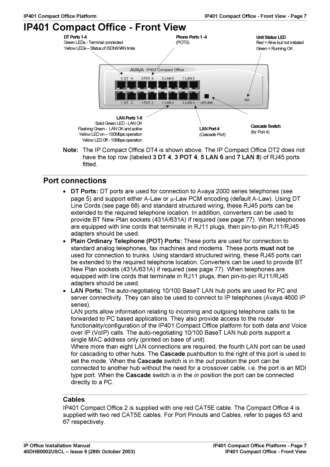 Avaya IP Office Phone installation manual IP401 Compact Office Front View, Port connections, Cables 