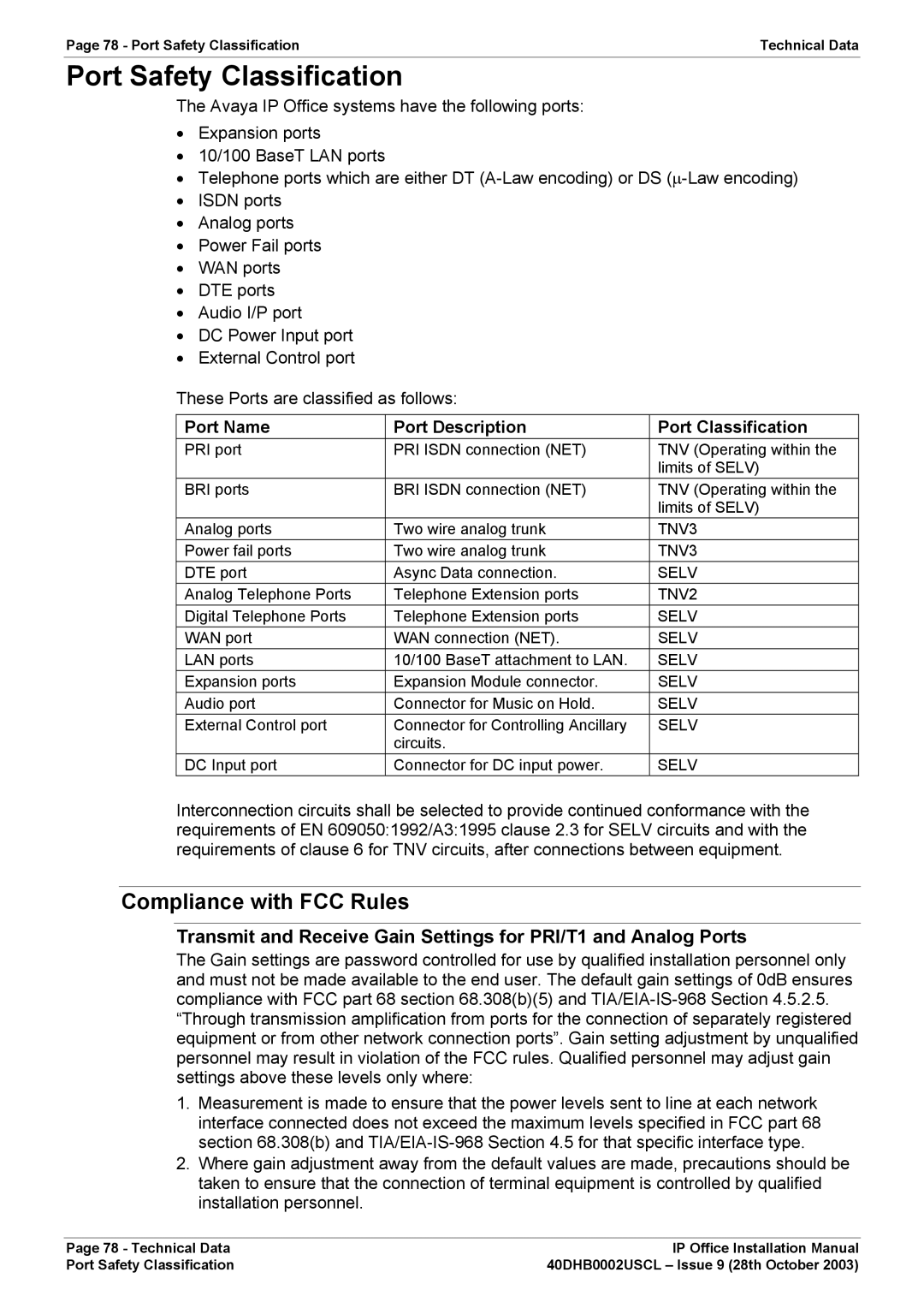 Avaya IP Office Phone installation manual Port Safety Classification, Compliance with FCC Rules 