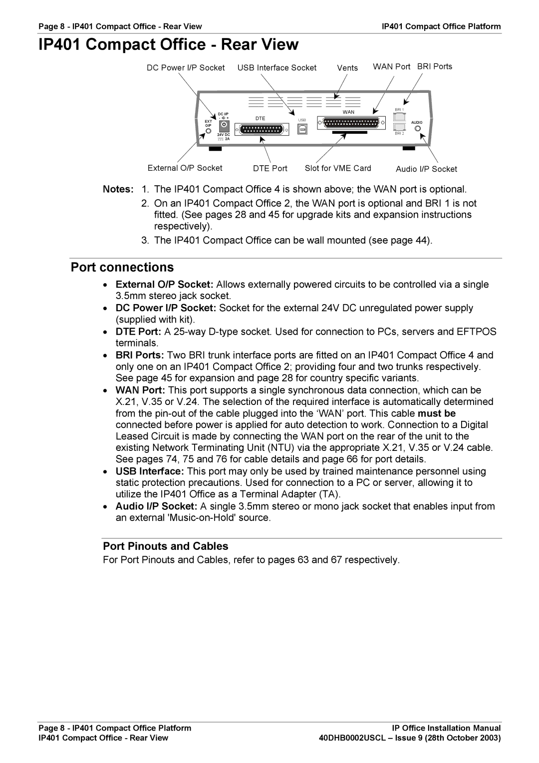 Avaya IP Office Phone installation manual IP401 Compact Office Rear View, Port Pinouts and Cables 