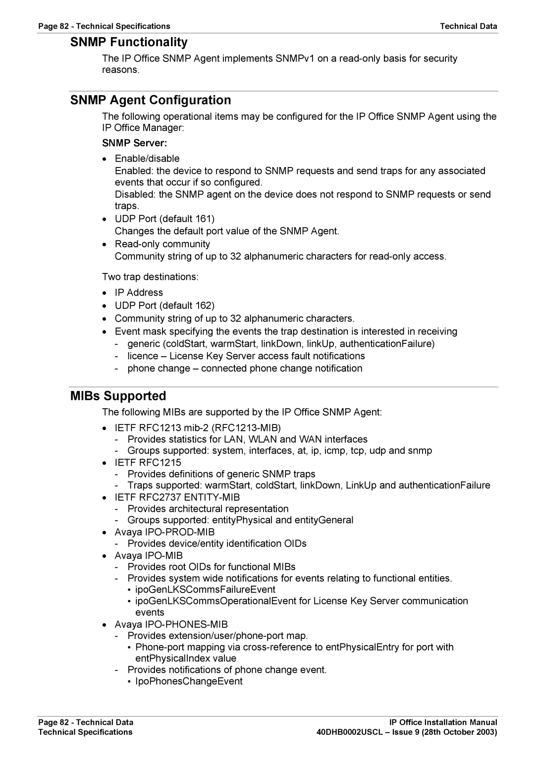 Avaya IP Office Phone installation manual Snmp Functionality, Snmp Agent Configuration, MIBs Supported, Snmp Server 