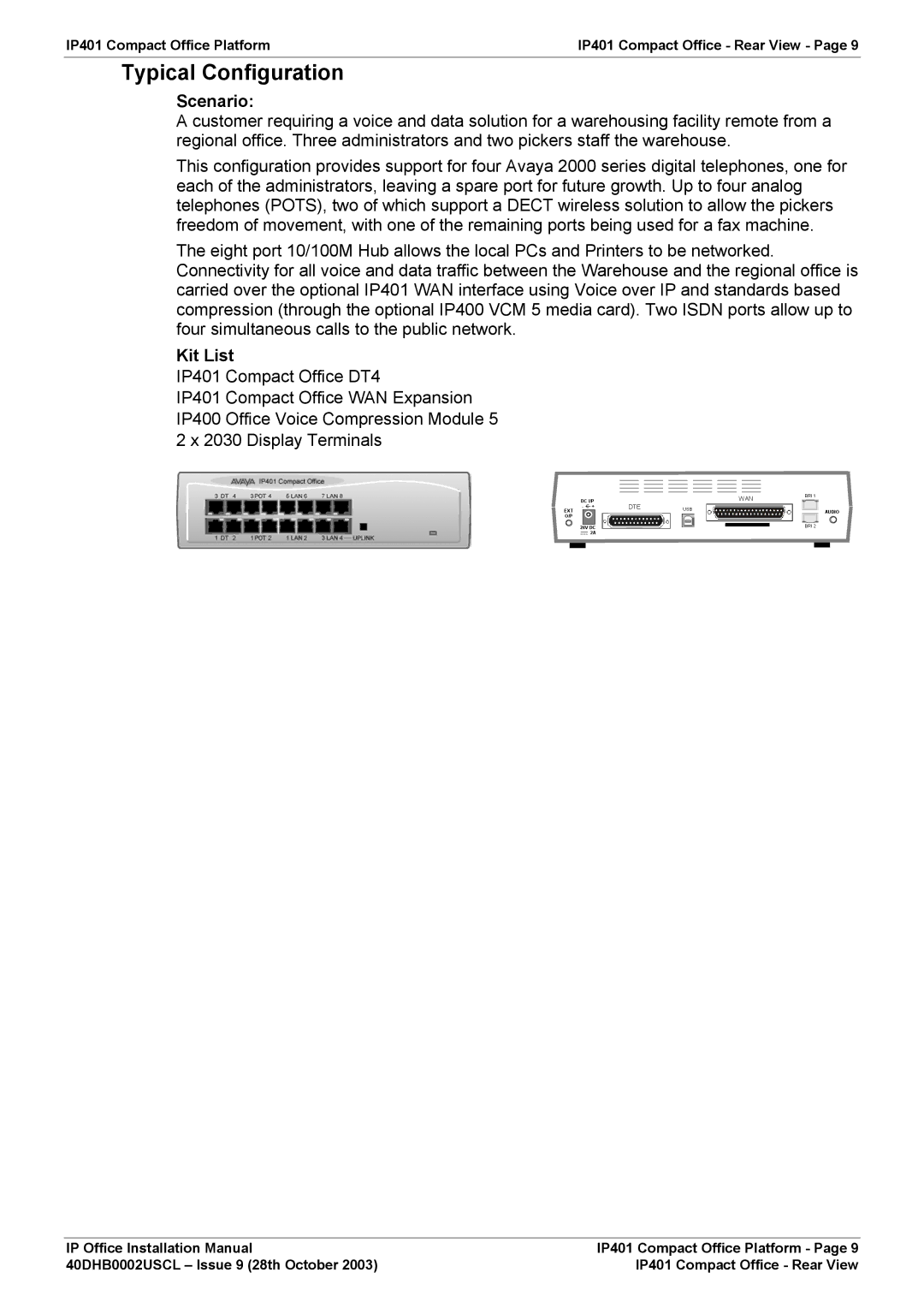 Avaya IP Office Phone installation manual Typical Configuration, Scenario, Kit List 