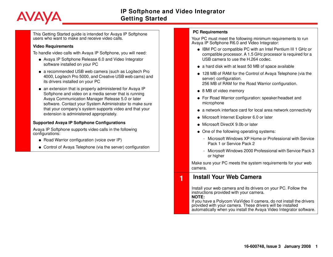 Avaya manual IP Softphone and Video Integrator Getting Started, Install Your Web Camera 