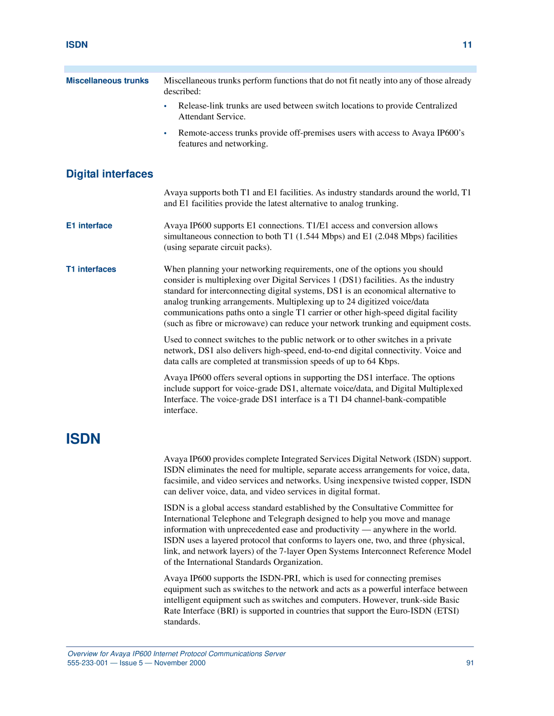 Avaya IP600 manual Digital interfaces, Isdn 