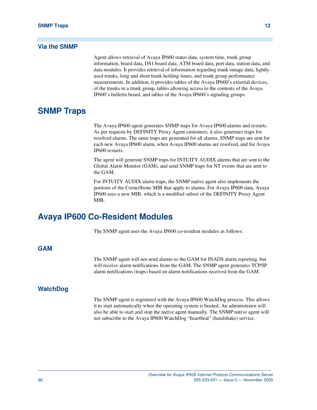 Avaya manual Snmp Traps, Avaya IP600 Co-Resident Modules, Via the Snmp, WatchDog 