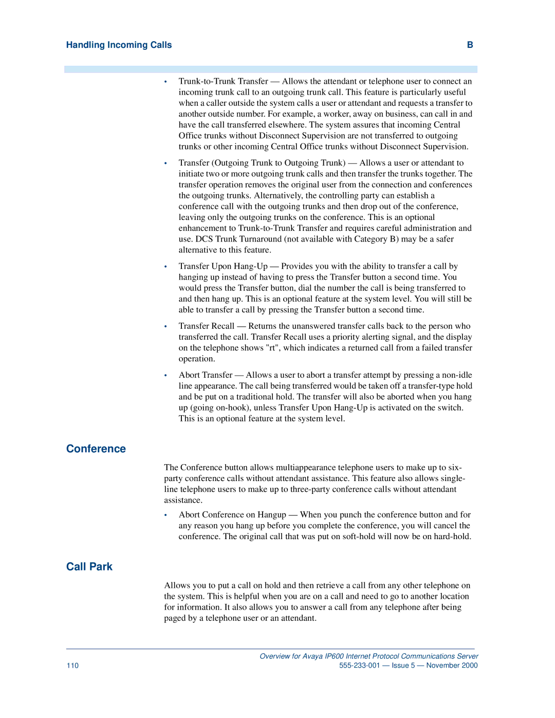 Avaya IP600 manual Conference, Call Park, Handling Incoming Calls 