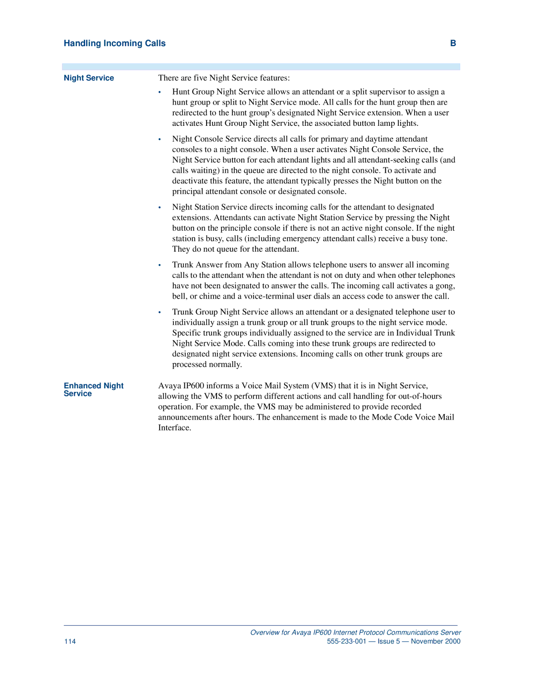 Avaya IP600 manual Night Service Enhanced Night Service 