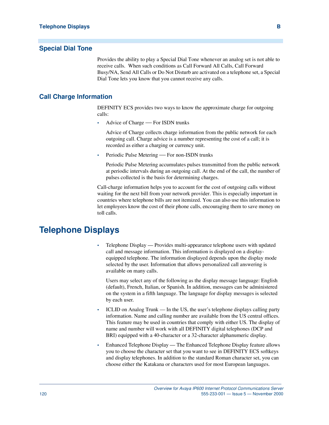 Avaya IP600 manual Telephone Displays, Special Dial Tone, Call Charge Information 