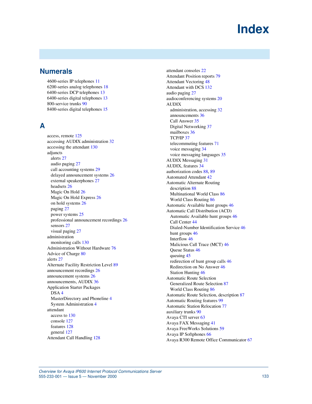 Avaya IP600 manual Index, Numerals 