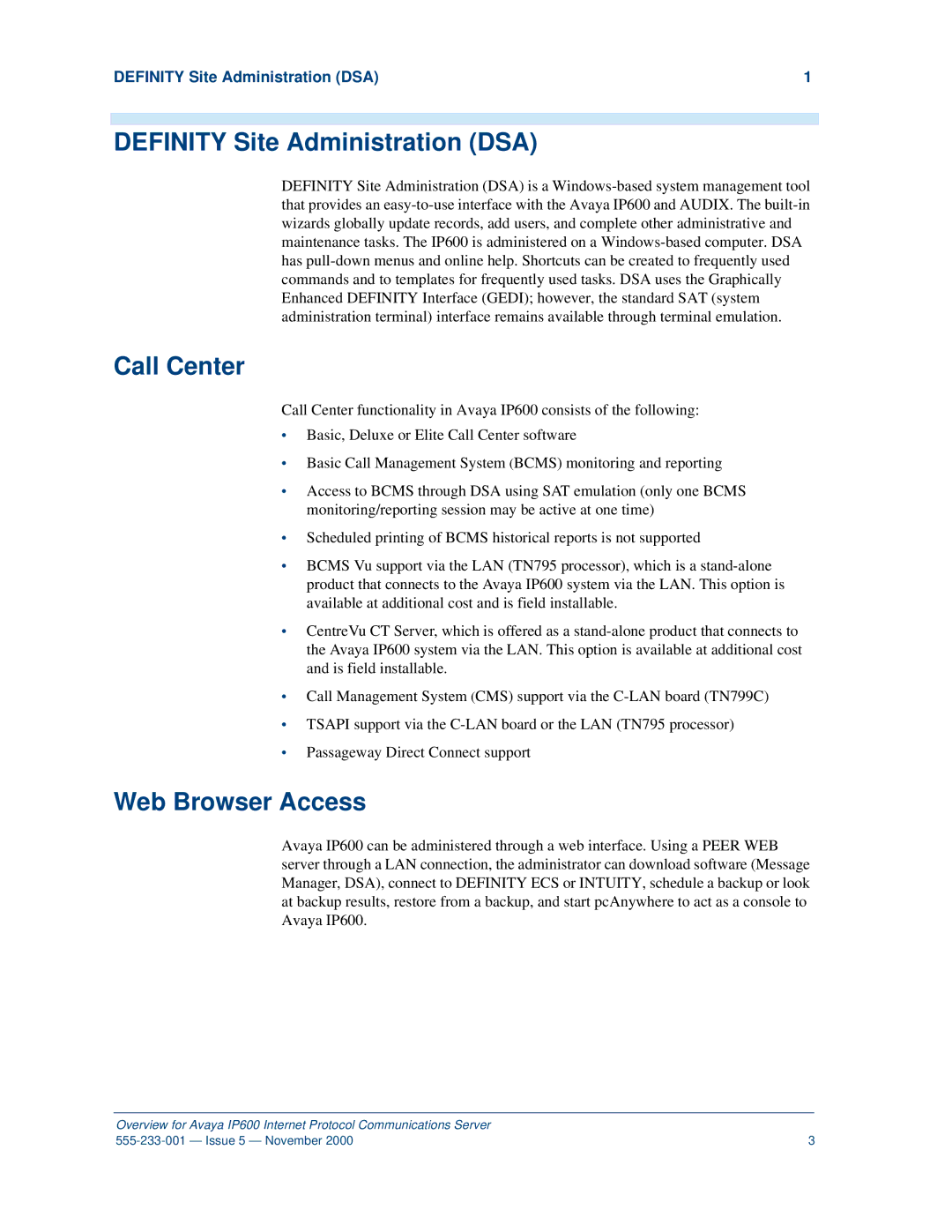 Avaya IP600 manual Definity Site Administration DSA, Call Center, Web Browser Access 