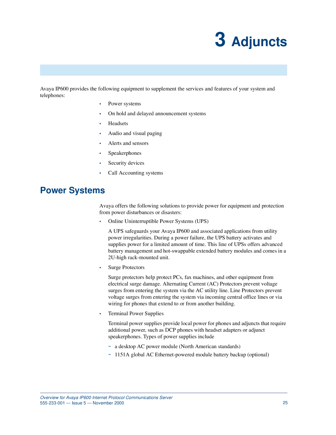 Avaya IP600 manual Adjuncts, Power Systems 