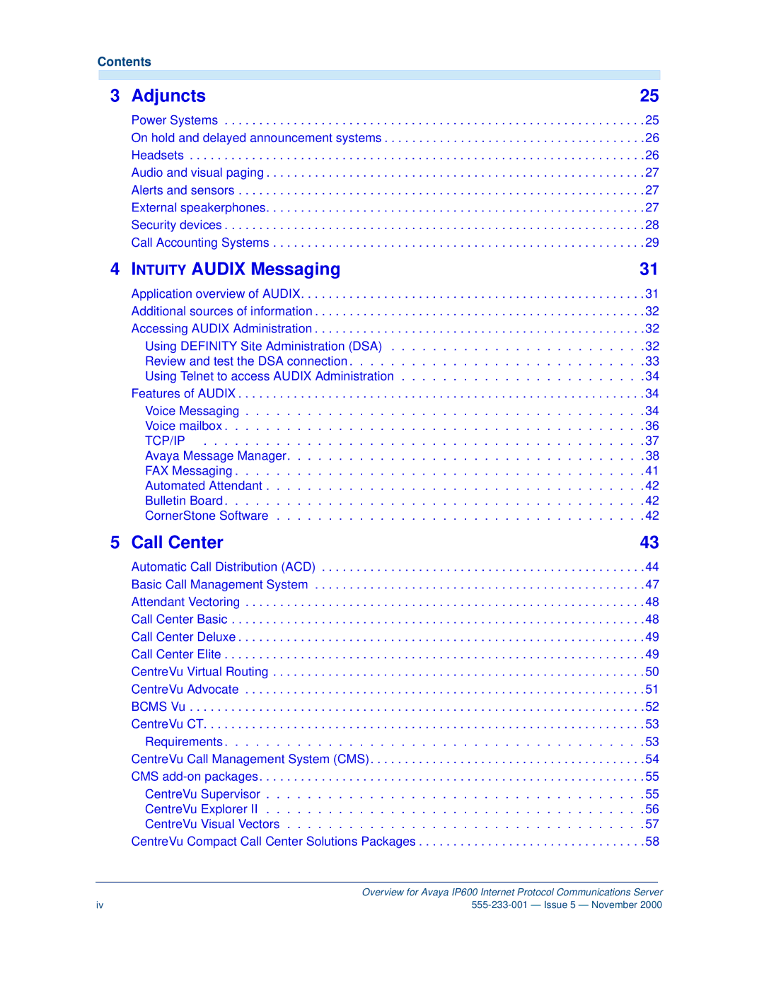 Avaya IP600 manual Adjuncts, Contents 